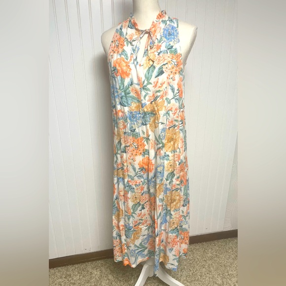 LOFT Sleeveless Peach Floral Tiered  Midi Dress Womens Medium Petite - Picture 1 of 9